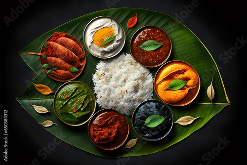 group of South Indian dishes served on banana leaves with colorful chutneys, dark black background Generative AI, photo
