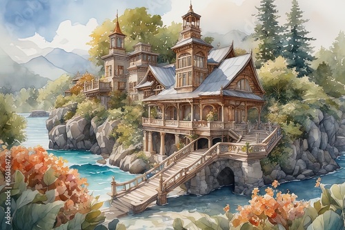 cartoon castle in the mountains with forest, illustrationcartoon castle in the mountains with forest, illustrationbeautiful landscape with a lake photo