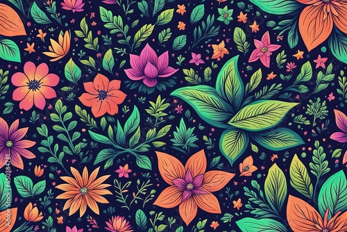 seamless floral pattern with colorful flowers and leaves on dark blue background. vector illustrationvector seamless pattern of colorful flowers on a black backgroundvector seamless pattern with flowe photo