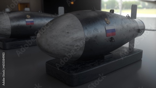 Nuclear Missile with flag of RUSSIA. Weapons of mass destruction. Nuclear, chemical weapons, radiation. 3d illustration