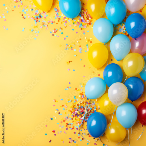 Colorful balloons  confetti and candies on yellow background  birthday party background  greeting card  with space for text