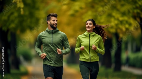 Couple running through the park wearing green clothes, inspired by nature