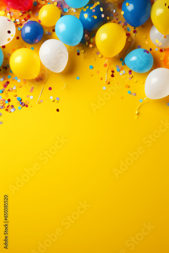 Colorful balloons, confetti and candies on yellow background, birthday party background, greeting card, with space for text