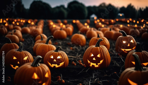 Eerie moonlit night, shadows cast, a grinning jack-o'-lantern in a spooky pumpkin patch, setting the stage for a haunting Halloween scene. (ID: 650385784)