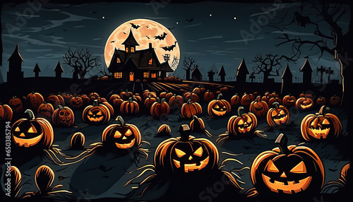Eerie moonlit night, shadows cast, a grinning jack-o'-lantern in a spooky pumpkin patch, setting the stage for a haunting Halloween scene. (ID: 650385794)