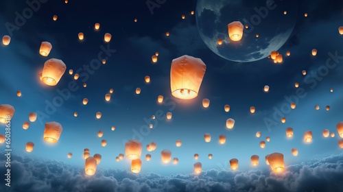  a sky full of lanterns floating in the sky above the clouds.  generative ai