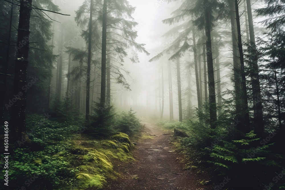 Fototapeta premium Humidity permeated the dense forests after a day of rain creating fog.