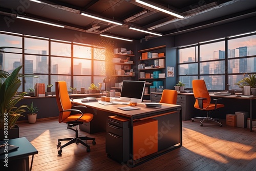 modern office interior with workplace and laptop. night view.modern workplace interior with a computer and a window. 3d illustration modern office interior with a computer modern office interior with  © Shubham
