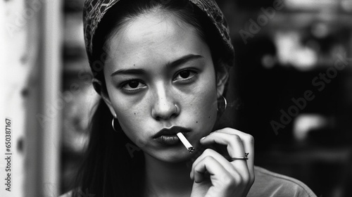 Black and white portrait of a fictitious beautiful edgy asian woman smoking a cigarette AI generative