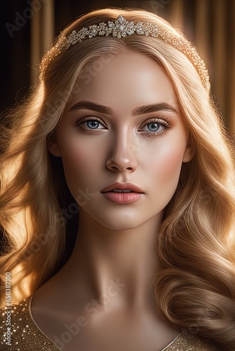 young beautiful woman with shiny golden hair and crown on her headyoung beautiful woman in a golden crownportrait of young beautiful woman with golden crown on backgroundyoung beautiful woman with shi photo