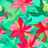 Red and pink watercolor flowers with stems and leaves. Watercolor art background.