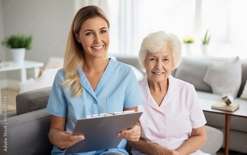 Elderly person with caregiver, nursing home. Generative AI Elderly person with caregiver, nursing home. Generative AI