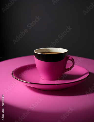 A coffee cup with a handle on top and saucer, with a dark background