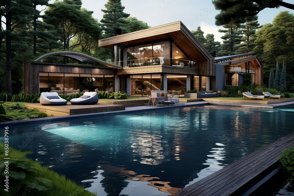 Exquisite Wooden Residence Surrounded by Lush Greenery and an Inviting Pool.