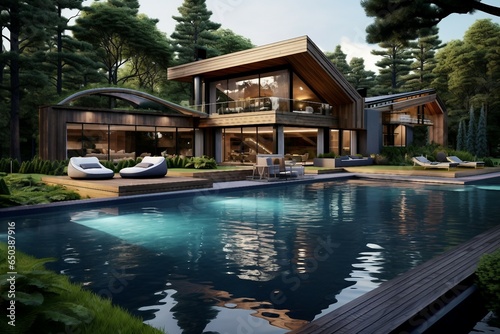 Exquisite Wooden Residence Surrounded by Lush Greenery and an Inviting Pool. © Usmanify