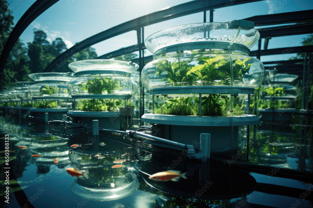 A modern aquaponics system, combining fish farming with hydroponic crop cultivation. Generative Ai.