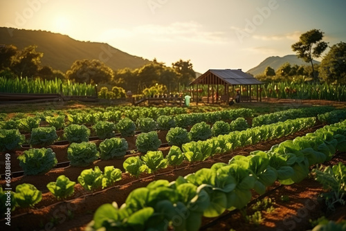 A diversified organic farm with rows of vegetables, showcasing sustainable crop rotation. Generative Ai.