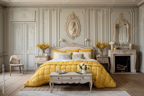 habitación de lujo con cama, cojines, escultura, alfombra con decoración clásica en tonos dorados y blancos