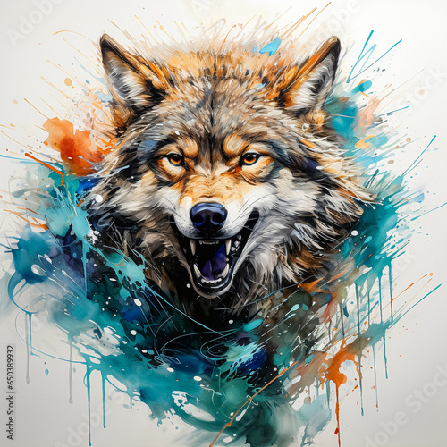 Watercolor art embodies the intensity of an aggressive wolf through vibrant paint