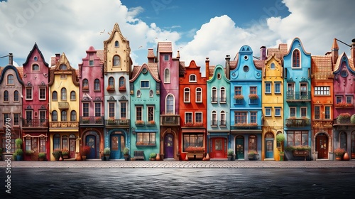  a row of colorful buildings with a cloudy sky in the background.  generative ai