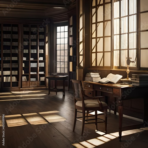 interior of an ancient library  rustic wooden furniture