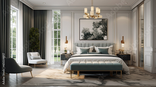 habitación de lujo con cama, cojines, cuadro, alfombra con decoración clásica y grandes ventanas  photo