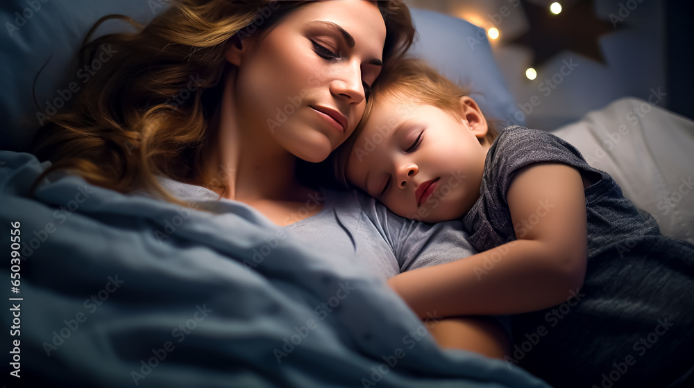 Beautiful young mother and her cute little daughter are sleeping in bed.