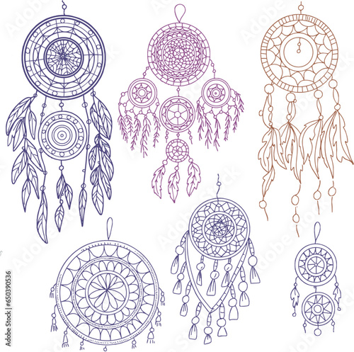 Dreamcatcher set, hand-drawn separately on a white background, round with feathers and beads, anti-stress coloring book