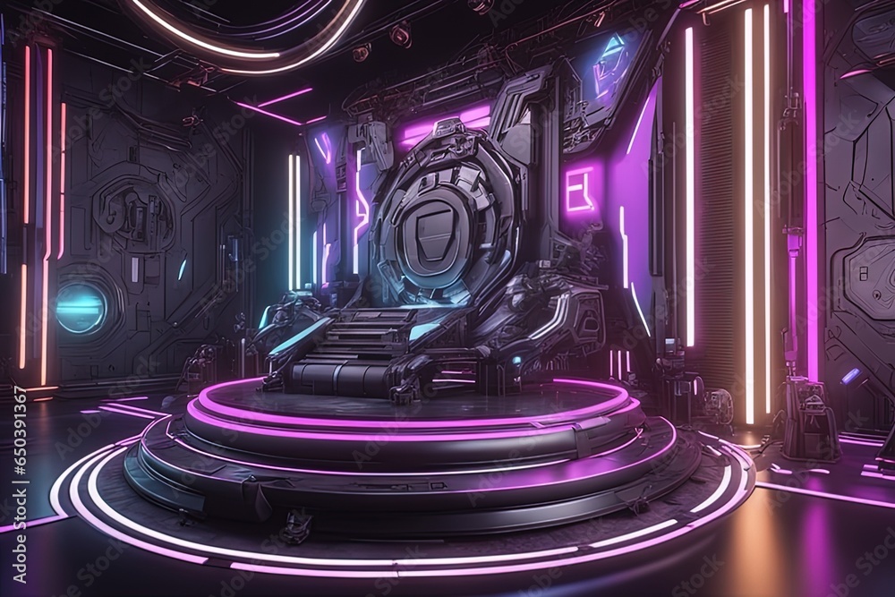 futuristic sci fi futuristic fi fi spaceship with neon lights and purple glowing lines on stage with spaceship future concept. 3d rendering rendering futuristic sci fi futuristic fi fi spaceship with 