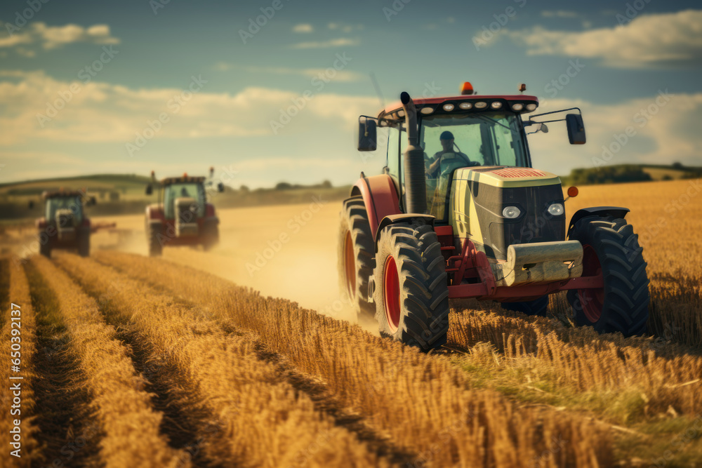 A busy agricultural scene with farmers operating tractors and harvesting crops in vast fields. Concept of modern farming. Generative Ai. A busy agricultural scene with farmers operating tractors and harvesting crops in vast fields. Concept of modern farming. Generative Ai.