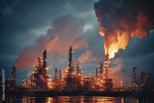 An oil refinery with tall stacks emitting steam, representing the energy industry. Concept of fossil fuel processing. Generative Ai.