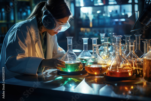 A chemical engineer conducting experiments in a laboratory, surrounded by glassware and chemical compounds. Concept of chemical research. Generative Ai.