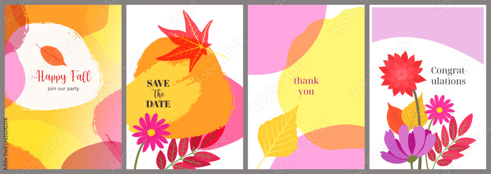 Abstract fall templates. Letter designs autumn theme. Bright colors. Modern artistic backgrounds with copy space. Creative art for greeting card, fall event poster, packaging, flyer, banner, cover.