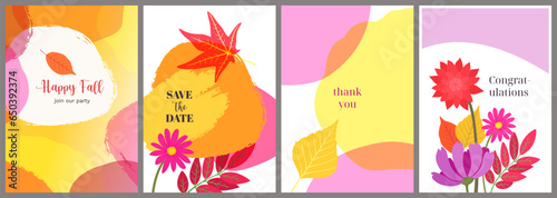 Abstract fall templates. Letter designs autumn theme. Bright colors. Modern artistic backgrounds with copy space. Creative art for greeting card, fall event poster, packaging, flyer, banner, cover.