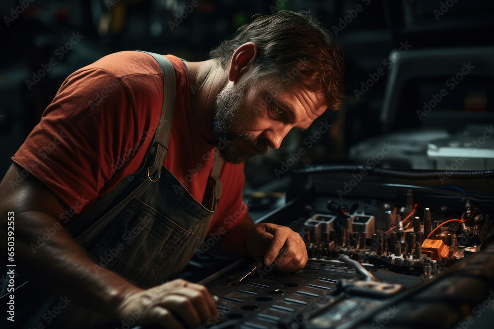 A mechanic working under the hood of a car, diagnosing and repairing engine issues. Concept of automotive repair. Generative Ai. A mechanic working under the hood of a car, diagnosing and repairing engine issues. Concept of automotive repair. Generative Ai.