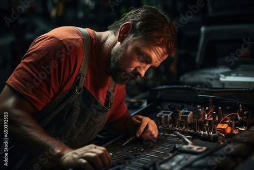A mechanic working under the hood of a car, diagnosing and repairing engine issues. Concept of automotive repair. Generative Ai.