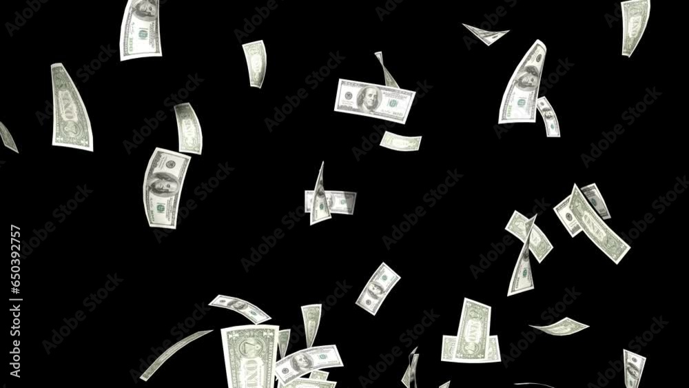 Money falling on transparent background - Dollar paper bills raining down from top, 3d render animation with alpha channel