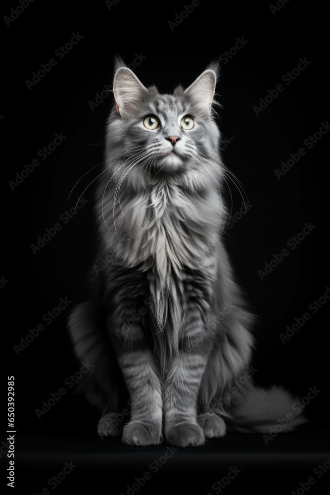 AI generated illustration of a striped Maine Coon cat against a dark background