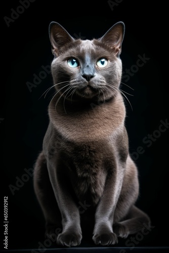 AI generated illustration of an elegant gray British shorthair cat on a black background