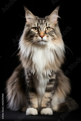 AI generated illustration of a striped Maine Coon cat against a dark background