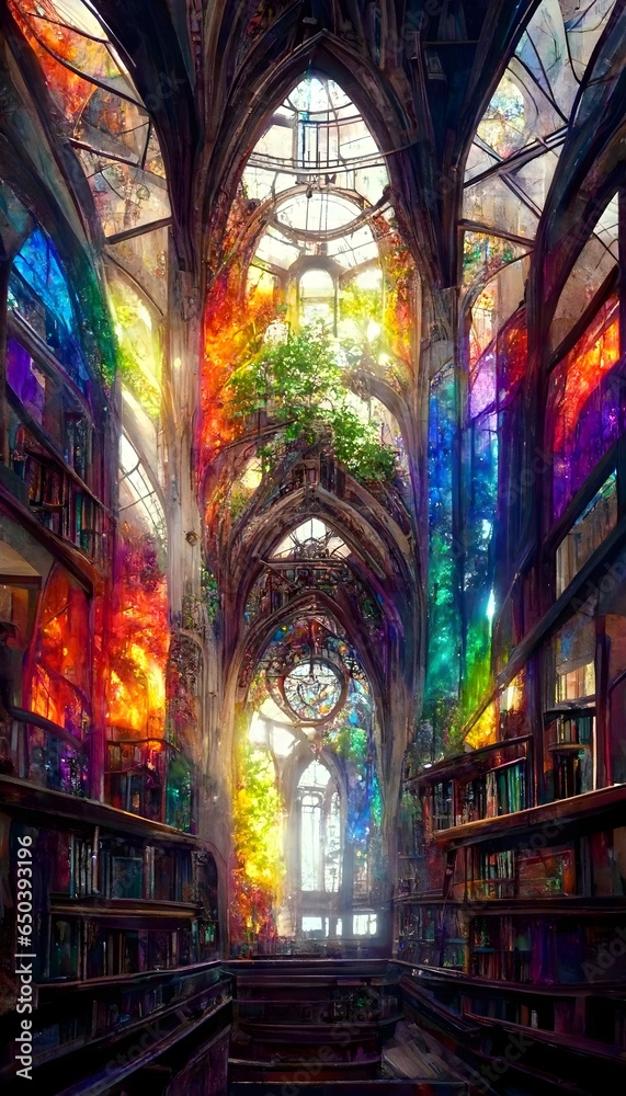gothic library building interior cathedral colorful books ultrarealistic photorealistic cinematic cool colors nature stained glass windows library environment tall windows cathedral style beautiful 