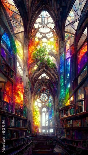 gothic library building interior cathedral colorful books ultrarealistic photorealistic cinematic cool colors nature stained glass windows library environment tall windows cathedral style beautiful 