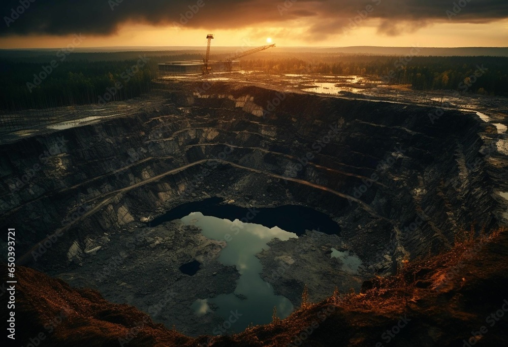 AI generated illustration of an aerial view of an open pit mine in a mountainous landscape - obrazy, fototapety, plakaty 