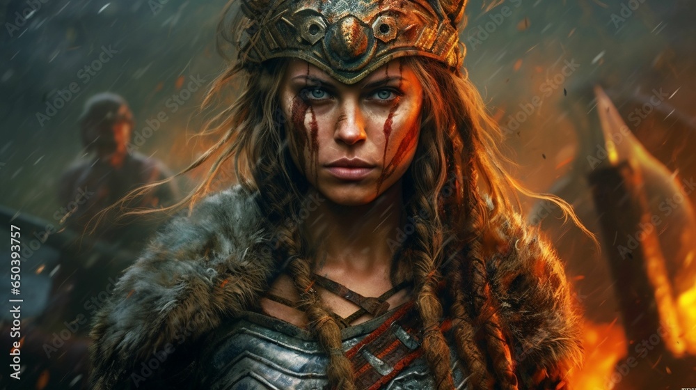 the woman in armor is standing with fire on her head the woman in armor is standing with fire on her head