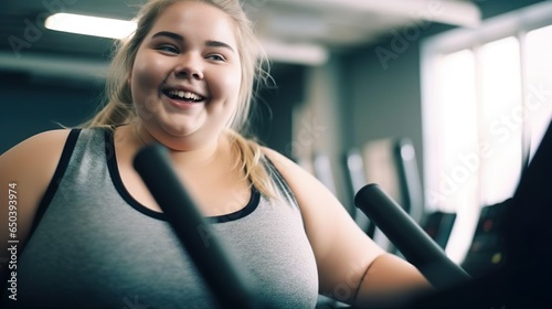 Female happy overweight woman wearing sportswear works out on the treadmill. Smiling girl training in the gym. Sport, training, healthy life, calories, health care, diet and weight loss concept.
