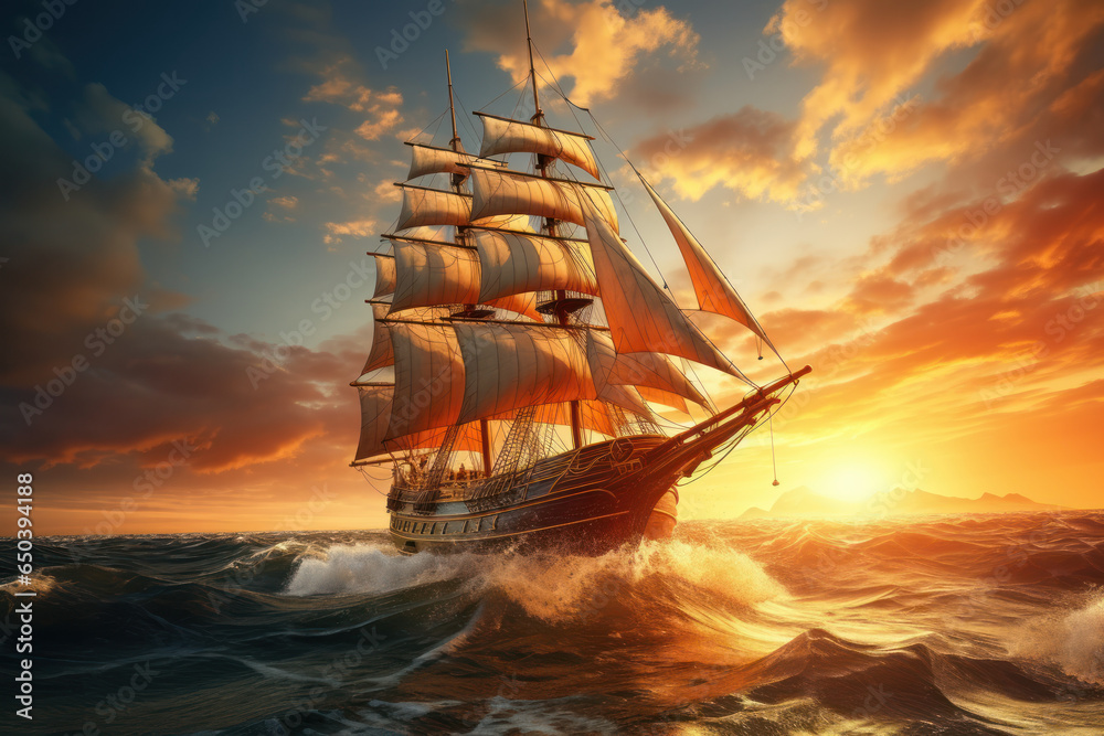 A classic wooden sailing ship, billowing sails against a sunset sky. Concept of vintage maritime adventures. Generative Ai.