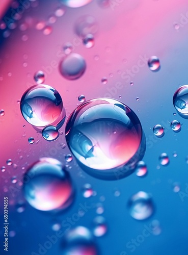 AI generated illustration of a macro shot of water droplets on a pink and blue background