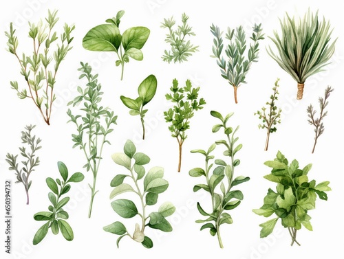 AI generated illustration of a vibrant watercolor of herbs and leaves against a stark white backdrop