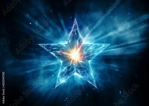 AI generated illustration of a radiant blue star emitting sparks and smoke on a dark background photo