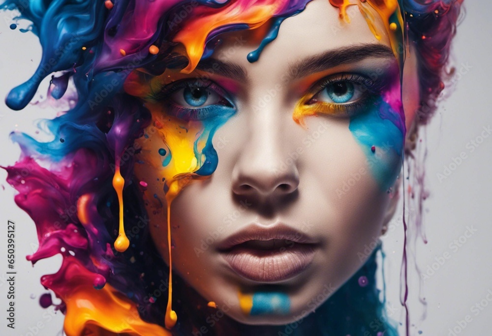 AI generated illustration of a woman with vibrant colorful makeup with splashes of paint AI generated illustration of a woman with vibrant colorful makeup with splashes of paint